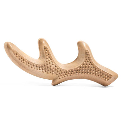 Woof HonestChew Antler Chew Small, a light brown antler-shaped dog chew toy with raised dots on its surface, side view close-up