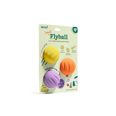 Packaged Woof Flyball 3-pack of yellow, orange, and purple fetch balls with treat puzzle inside