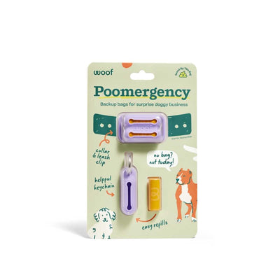 Packaged Woof Poomergency product with lavender-colored collar & leash clip, keychain, and refill pack.