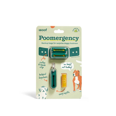 Packaged Woof Poomergency green dog poop bag holder with keychain and refill pack.