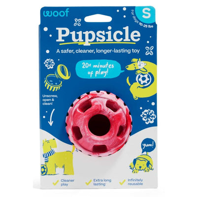 Packaged Woof Pupsicle toy, small size, pink with black accents, front view on blue and white card.