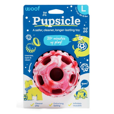 Packaged Woof Pupsicle toy, large size, red and white candy cane flavor, front view on blue and white card.