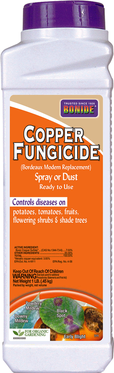 Front view of a white and orange packaged product labeled Bonide Copper Fungicide Spray or Dust Ready to Use