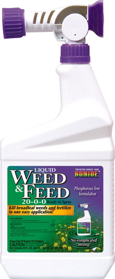 Front view of a white Bonide Liquid Weed & Feed spray bottle with purple accents and a green label.
