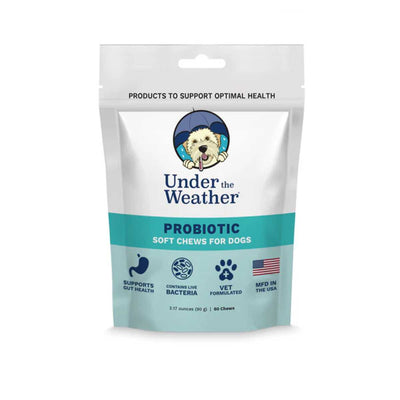 Front view of a packaged Under the Weather dog probiotic soft chew product with 60 chews.
