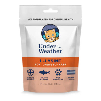 Front view of a packaged product: Under the Weather L-Lysine Soft Chews for Cats, salmon flavor, 60 chews.