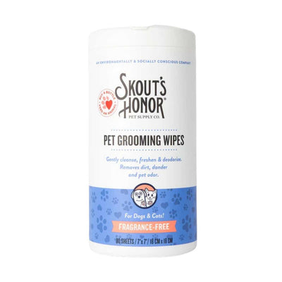 Front view of a white and blue packaged Skout's Honor Pet Grooming Wipes container labeled fragrance-free.
