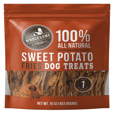 Front view of a brown packaged product labeled Wholesome Pride Sweet Potato Fries Dog Treats, 16 oz.