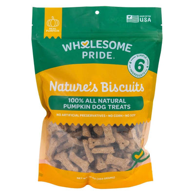 Packaged product: Wholesome Pride Nature's Biscuits pumpkin dog treats in a green and yellow bag with visible treats inside.