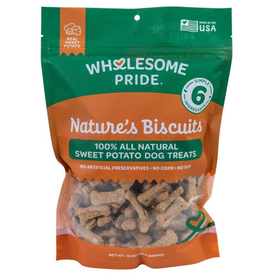 Front view of a packaged Wholesome Pride Nature's Biscuits sweet potato dog treat bag with orange and green colors.