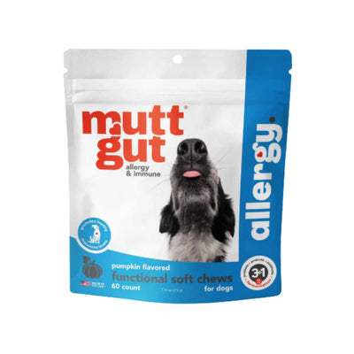 Front view of a blue and white packaged product labeled 'Mutt Gut Allergy pumpkin flavored functional soft chews for dogs 60 count'