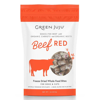 Front view of a Green Juju Beef Red freeze dried whole food bites package for dogs and cats, 3 oz.