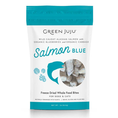 Front view of Green Juju Salmon Blue freeze dried whole food bites package, 3 oz.