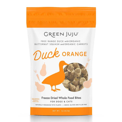 Front view of Green Juju Freeze Dried Whole Food Bites Duck Orange 3 oz package with orange and white design