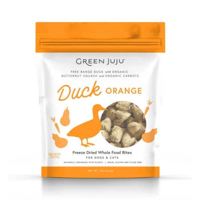 Front view of a packaged Green Juju Freeze Dried Whole Food Bites product with orange accents and a duck illustration.