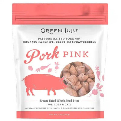 Green Juju Pork Pink freeze dried whole food bites for dogs and cats in a 7.5 oz package with a pink pig illustration.