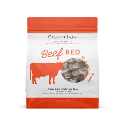 Front view of a Green Juju Beef Red freeze dried whole food bites package for dogs and cats, 18 oz, orange and white.