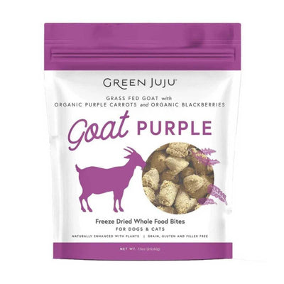 Front view of a purple and white packaged product labeled Green Juju Goat Purple Freeze Dried Whole Food Bites for dogs and cats.