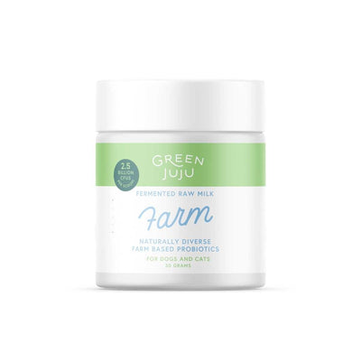 Front view of a white jar with a green label for Green Juju Fermented Raw Milk Farm Probiotic, 30 grams.