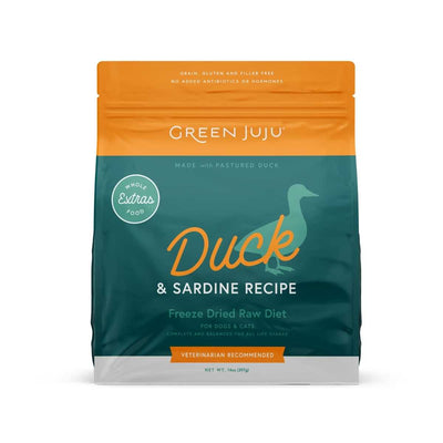 Front view of a packaged Green Juju Duck & Sardine Freeze Dried Raw Diet food bag, 14oz.