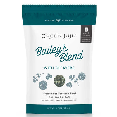 Front view of a Green Juju Bailey's Blend with Cleavers freeze dried vegetable blend package for dogs and cats, 1.75 oz.