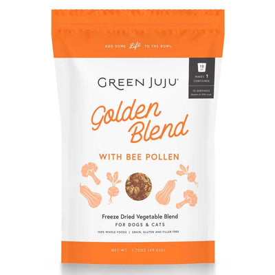 Front view of a packaged Green Juju Golden Blend freeze dried vegetable blend for dogs and cats, 1.75 oz, orange and white packaging.