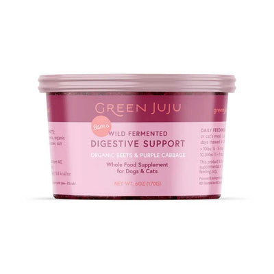 Front view of a packaged product: Green Juju Bam's Wild Fermented Digestive Support with organic beets and purple cabbage, 6 oz container.