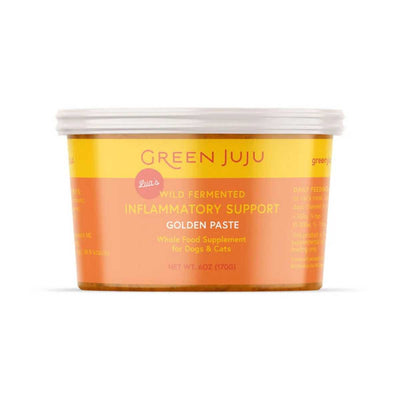 Front view of a packaged product: Green Juju Lua's Wild Fermented Inflammatory Support Golden Paste, 6 oz container with yellow and orange label.