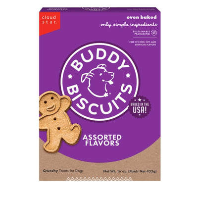 Front view of a purple and brown Cloud Star Buddy Biscuits package with assorted flavors.