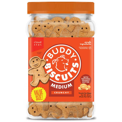 Front view of a clear jar with orange lid containing Cloud Star Buddy Biscuits dog treats shaped like gingerbread men.