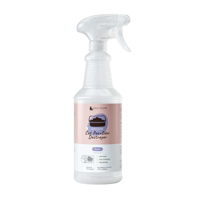 Front view of a white spray bottle with a pink label for Kin & Kind Cat Pee+Odor Destroyer, floral scent, 32 oz.