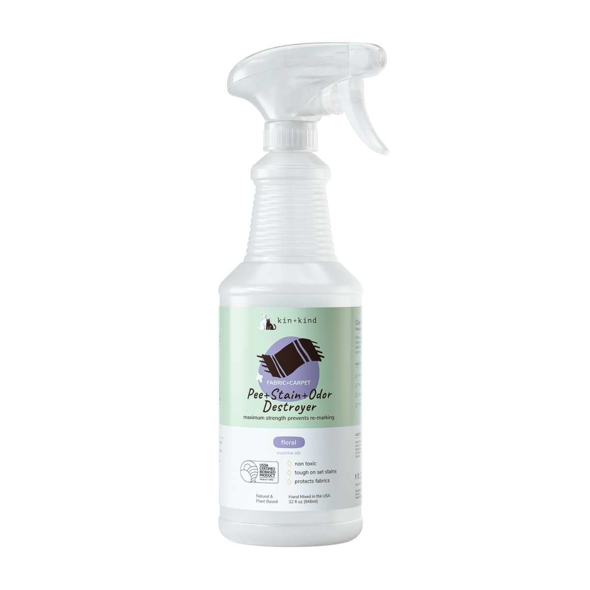Front view of a white spray bottle with a green label for Kin & Kind Pee+Stain+Odor Destroyer, floral scent, 32 oz.