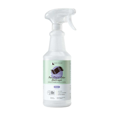 Front view of a white spray bottle with a green label for Kin & Kind Pee+Stain+Odor Destroyer, floral scent, 32 oz.