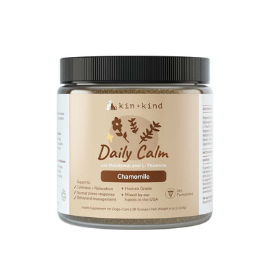 Front view of a Kin + Kind Daily Calm chamomile supplement jar with a black lid and beige label.