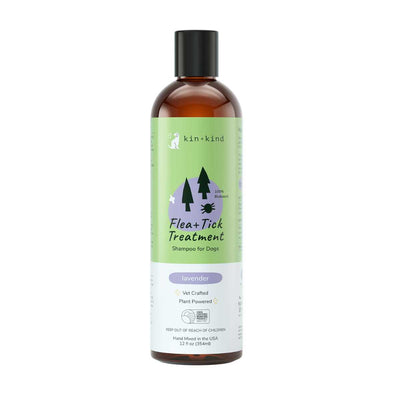 Front view of a Kin & Kind Flea+Tick Treatment Shampoo for Dogs bottle with lavender scent, 12 fl oz (354ml)