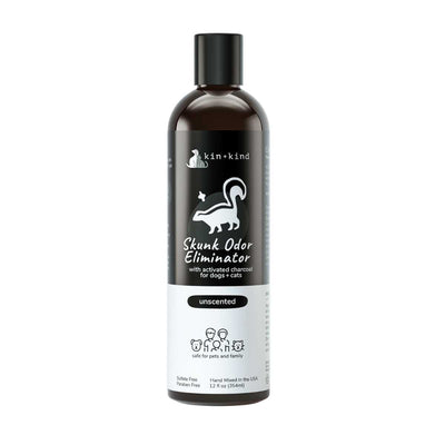 Front view of a Kin + Kind unscented Skunk Odor Eliminator bottle for dogs and cats, 12 fl oz.