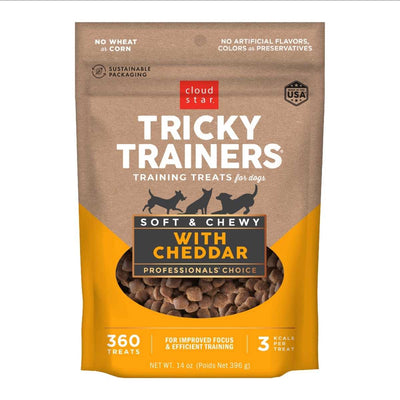 Front view of Cloud Star Tricky Trainers training treats with cheddar flavor in a 14 oz bag.