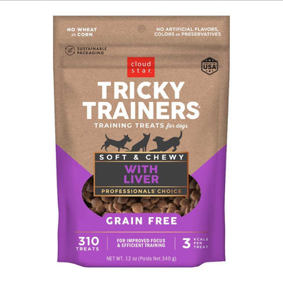 Front view of Cloud Star Tricky Trainers training treats package with purple and brown colors, showing 310 treats.