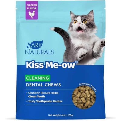 Front view of Ark Naturals Kiss Me-ow chicken flavor dental chews in a blue package.