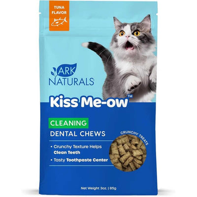 Front view of Ark Naturals Kiss Me-ow Cleaning Dental Chews in tuna flavor, 3 oz package.