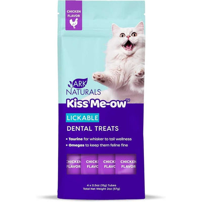 Front view of Ark Naturals Kiss Me-Ow lickable dental treats in chicken flavor, purple and light blue packaging with a white cat.