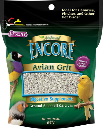 Packaged product: Brown's Natural Encore Avian Grit, 20 oz, green package with birds and grit sample.