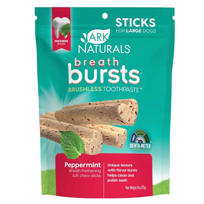 Packaged product: Ark Naturals Breath Bursts Peppermint Sticks for large dogs, 6 oz bag, front view.