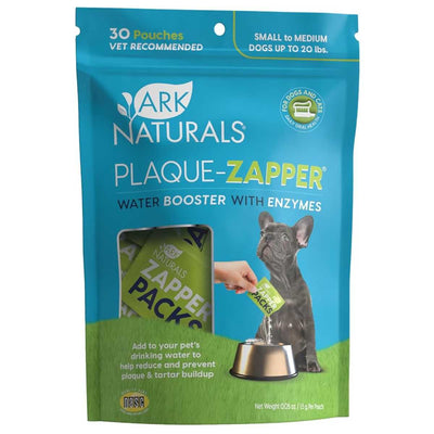 Front view of Ark Naturals Plaque-Zapper water booster pouches for small to medium dogs, blue and green packaging.