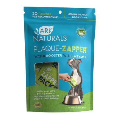Front view of Ark Naturals Plaque-Zapper water booster pouches for medium to large dogs.