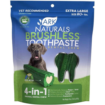 Front view of Ark Naturals Brushless Toothpaste Extra Large dental chew package with green chews and a dog.