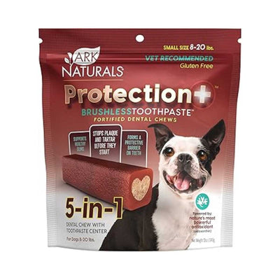 Front view of Ark Naturals Protection+ Brushless Toothpaste dental chews for small dogs, 8-20 lbs, in a red bag.