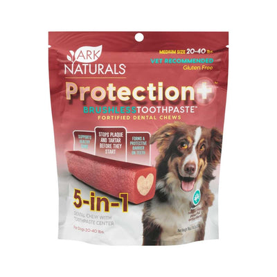 Front view of Ark Naturals Protection+ Brushless Toothpaste fortified dental chews for medium dogs, 20-40 lbs, red and white packaging.