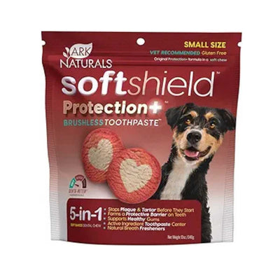 Packaged product: Ark Naturals Softshield Protection+ Brushless Toothpaste, small size, red and white package with dog image.