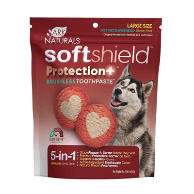 Packaged product: Ark Naturals Softshield Protection+ Brushless Toothpaste, large size, red and white package with dog image.